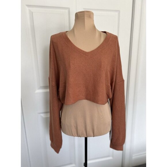 LUMIE'RE Womens V-Neck Long Sleeve Crop Rib Knit Sweater Camel Rust Size S - Picture 1 of 9